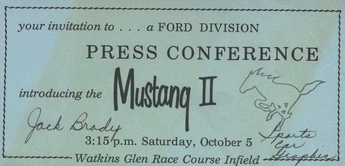 1963 — Invitation to Ford Division Press Conference Introducing the Mustang II at Watkins Glen Race Course, October 1963 — Fordimages 0063-0043; source THF139095
