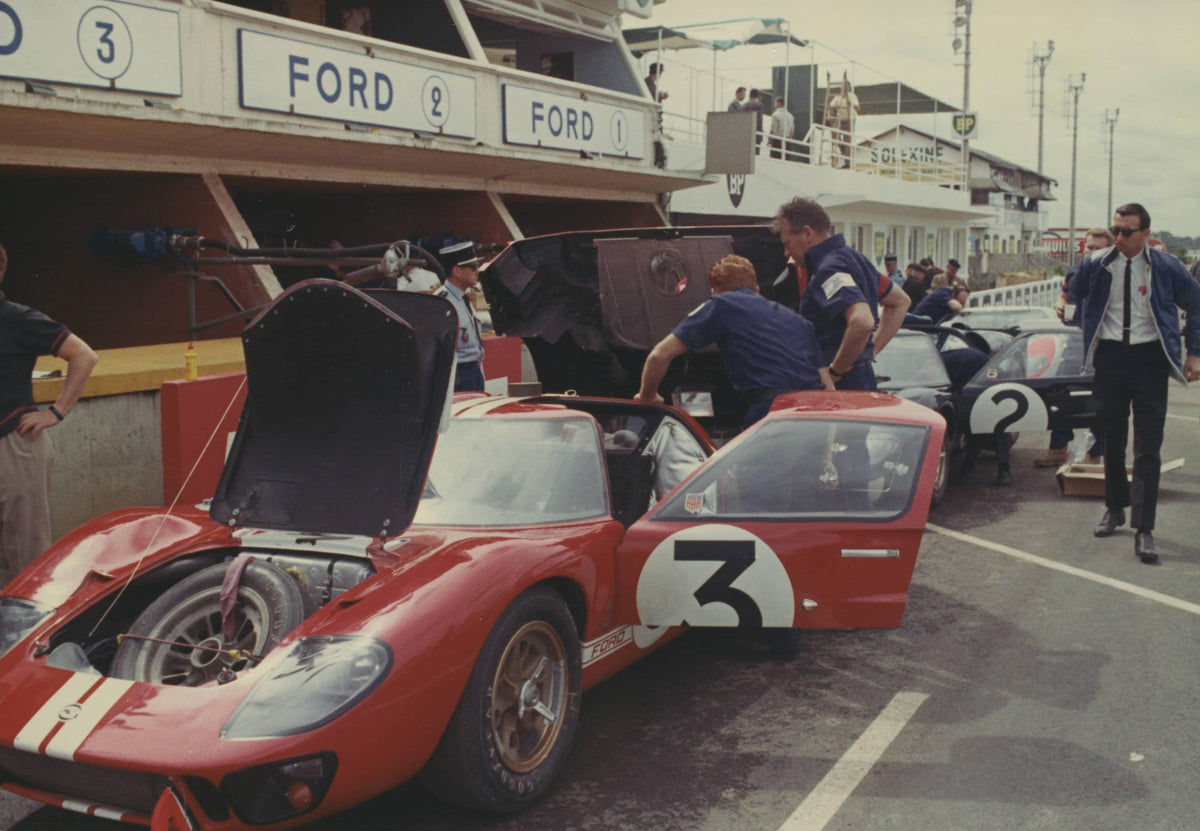 1966 — Ford GT40 Mark II Race Cars at the 24 Hours of Le Mans Race, June 1966 — View 1 — Fordimages 0066-0001; source THF124201