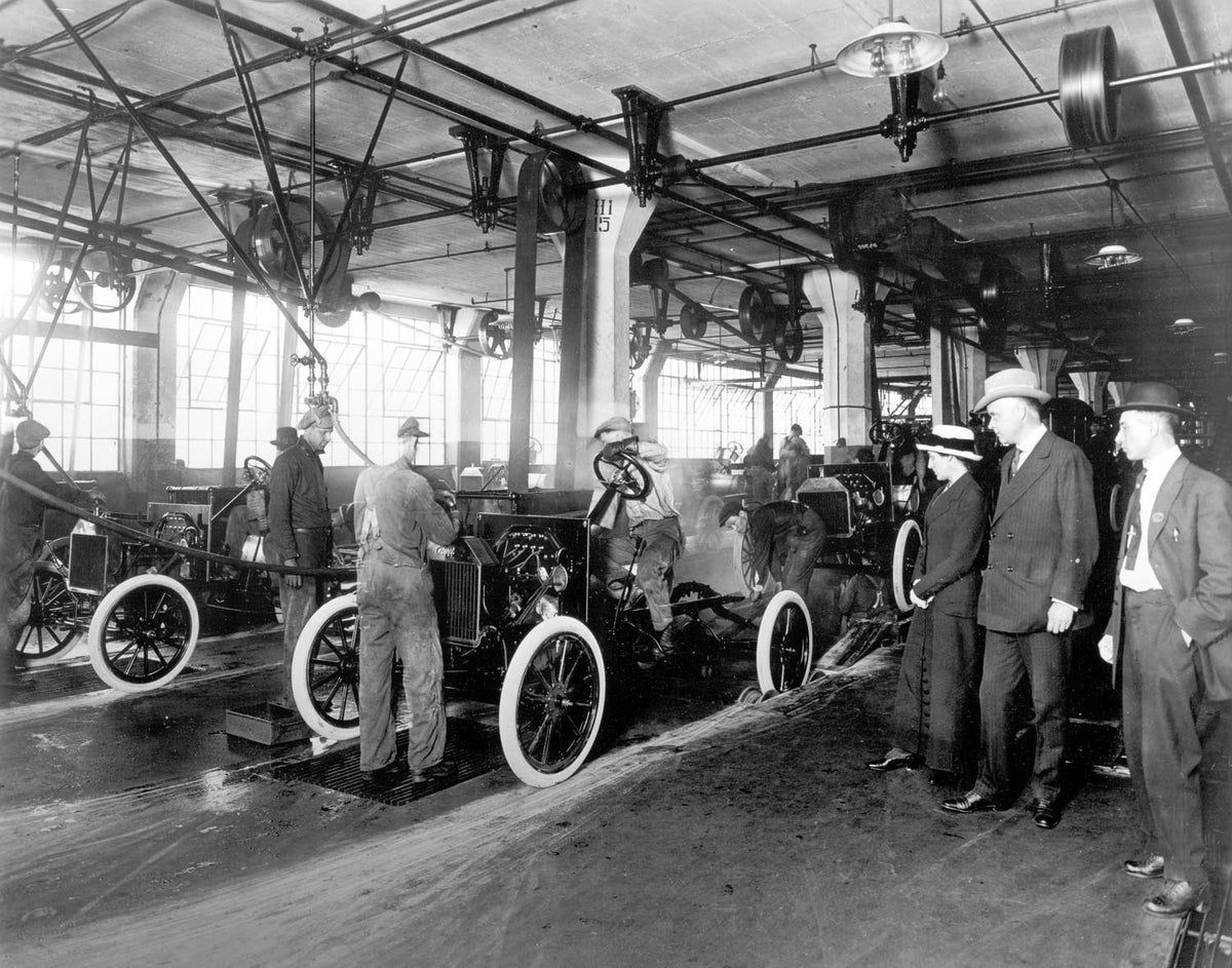 Ford Motor Company archival image documenting Highland Park Plant Assembly Line 1914.