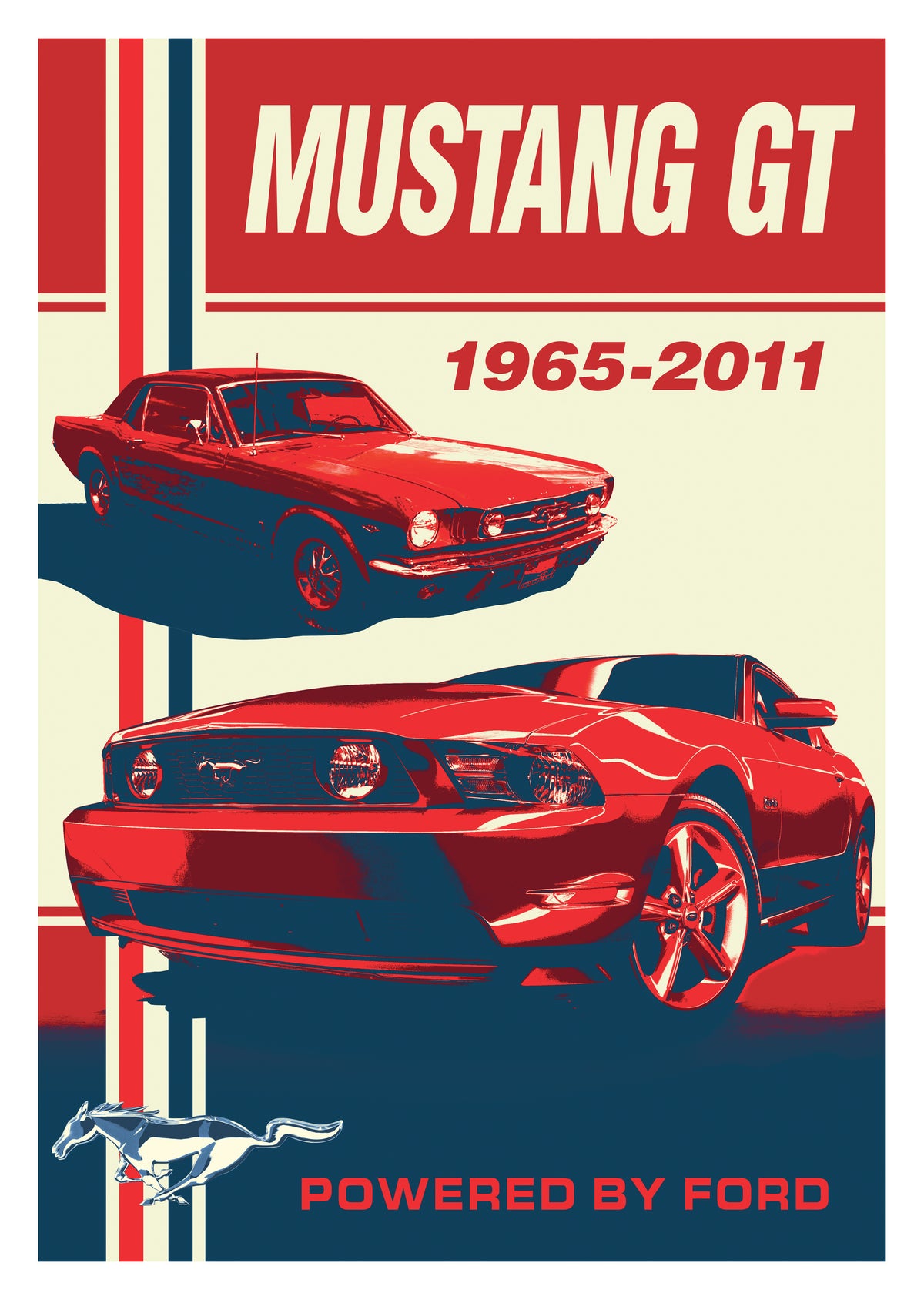 Mustang GT 1965–2011 artwork featuring red classic and modern Mustangs, with Powered by Ford lettering