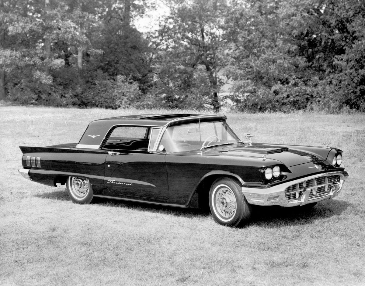 A dark 1960 Ford Thunderbird hardtop is parked on grass beside trees.