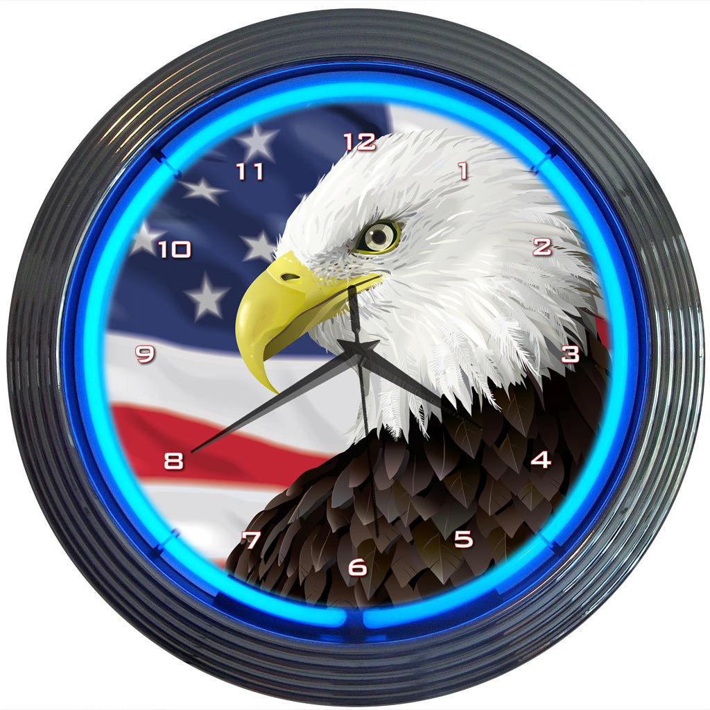 EAGLE WITH AMERICAN FLAG NEON CLOCK 8EGFLG