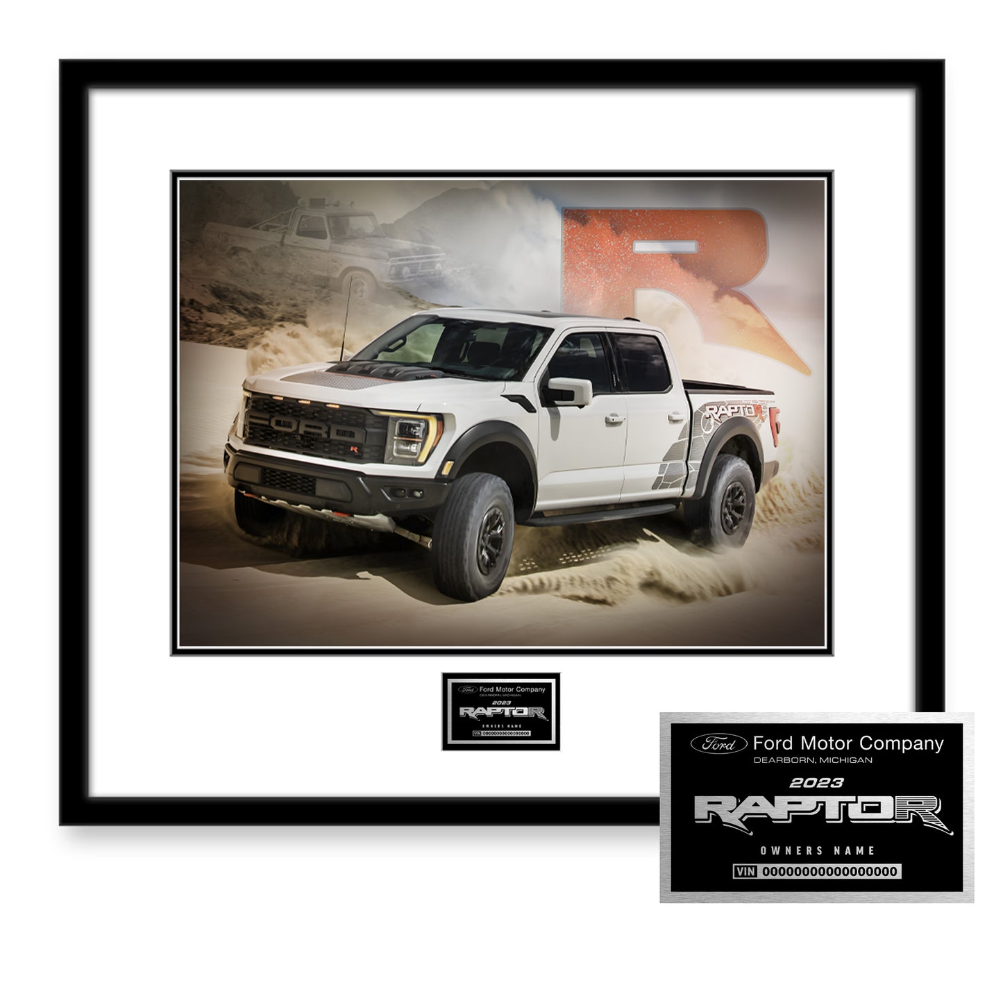 A framed and matted print of a white Ford F-150 Raptor pickup truck, displayed on a sandy background. The print includes a watermark of 'RAPTOR' and the Ford Motor Company logo, indicating it is a special edition item.