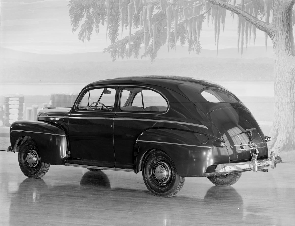 This archival image documents the 1946 Ford Super Deluxe tudor sedan in studio and is preserved in the Ford Heritage Vault as part of Ford Motor Company's historic photographic archive. Free for personal, non-commercial use. Ford Heritage Vault re...