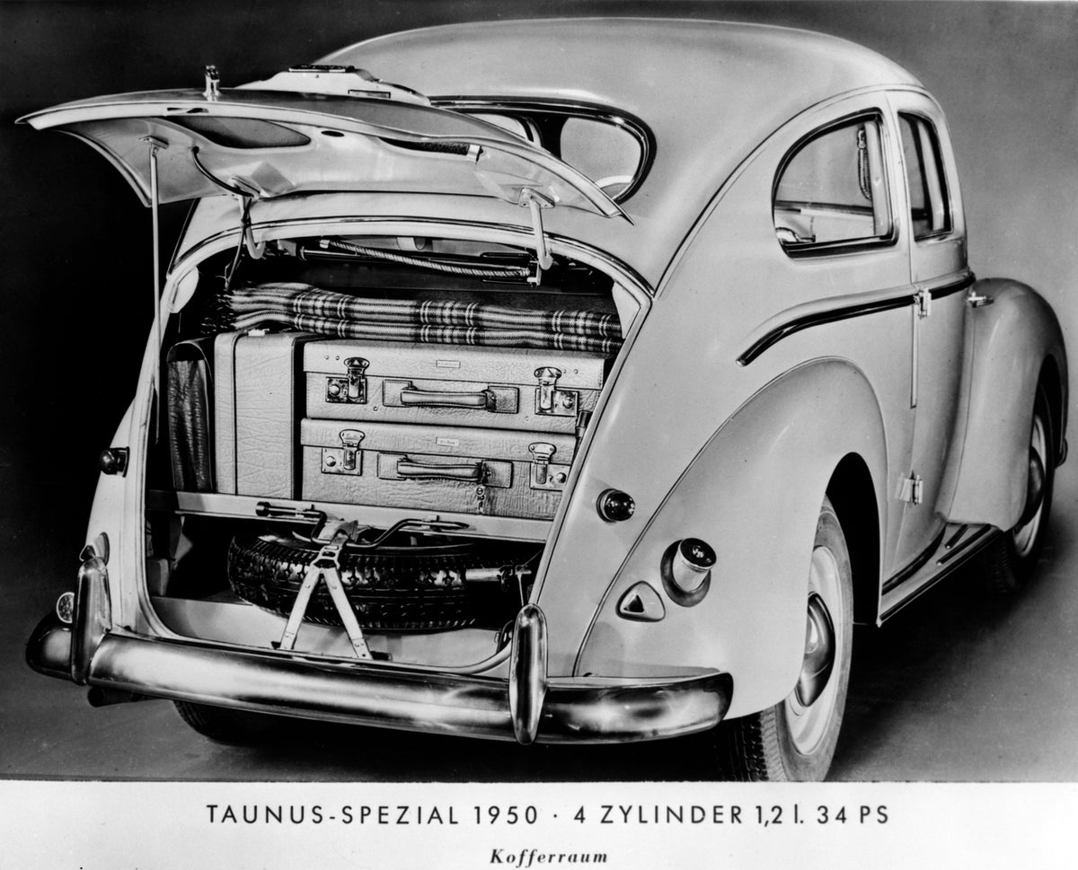 This archival image documents the 1950 Ford Taunus Spezial with open hatch and is preserved in the Ford Heritage Vault as part of Ford Motor Company's historic photographic archive. Free for personal, non-commercial use. Ford Heritage Vault refere...