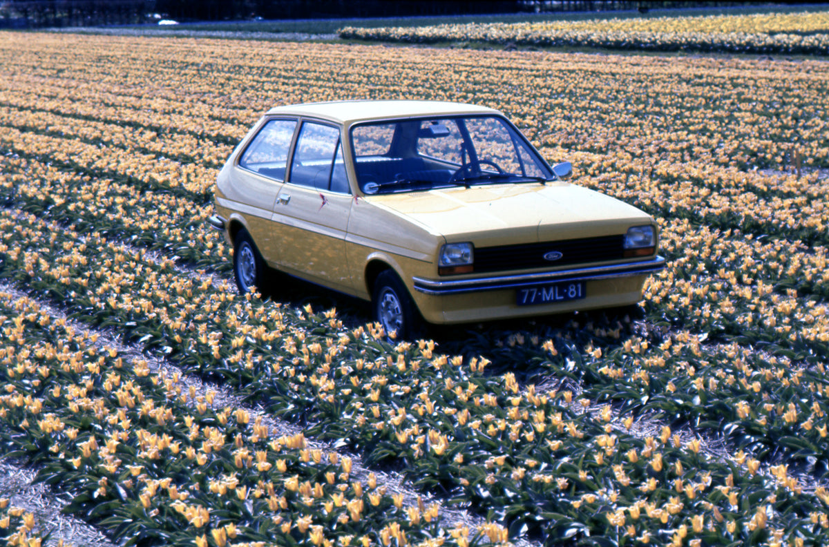 This archival image documents the 1977 Ford Fiesta Mark I in Holland in scenic tulip field and is preserved in the Ford Heritage Vault as part of Ford Motor Company's historic photographic archive. Free for personal, non-commercial use. Ford Herit...
