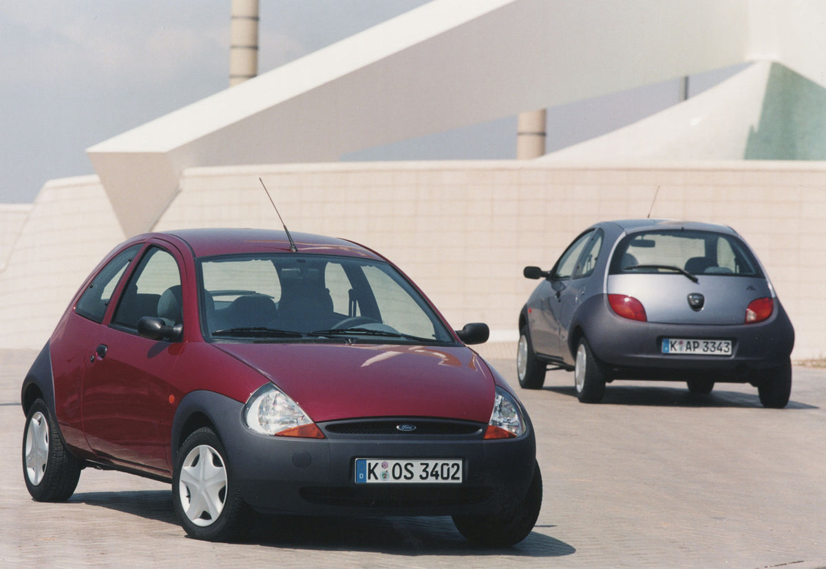 This archival image documents the 1996 Ford Ka front and rear views with scenic sculpture and is preserved in the Ford Heritage Vault as part of Ford Motor Company's historic photographic archive. Free for personal, non-commercial use. Ford Herita...