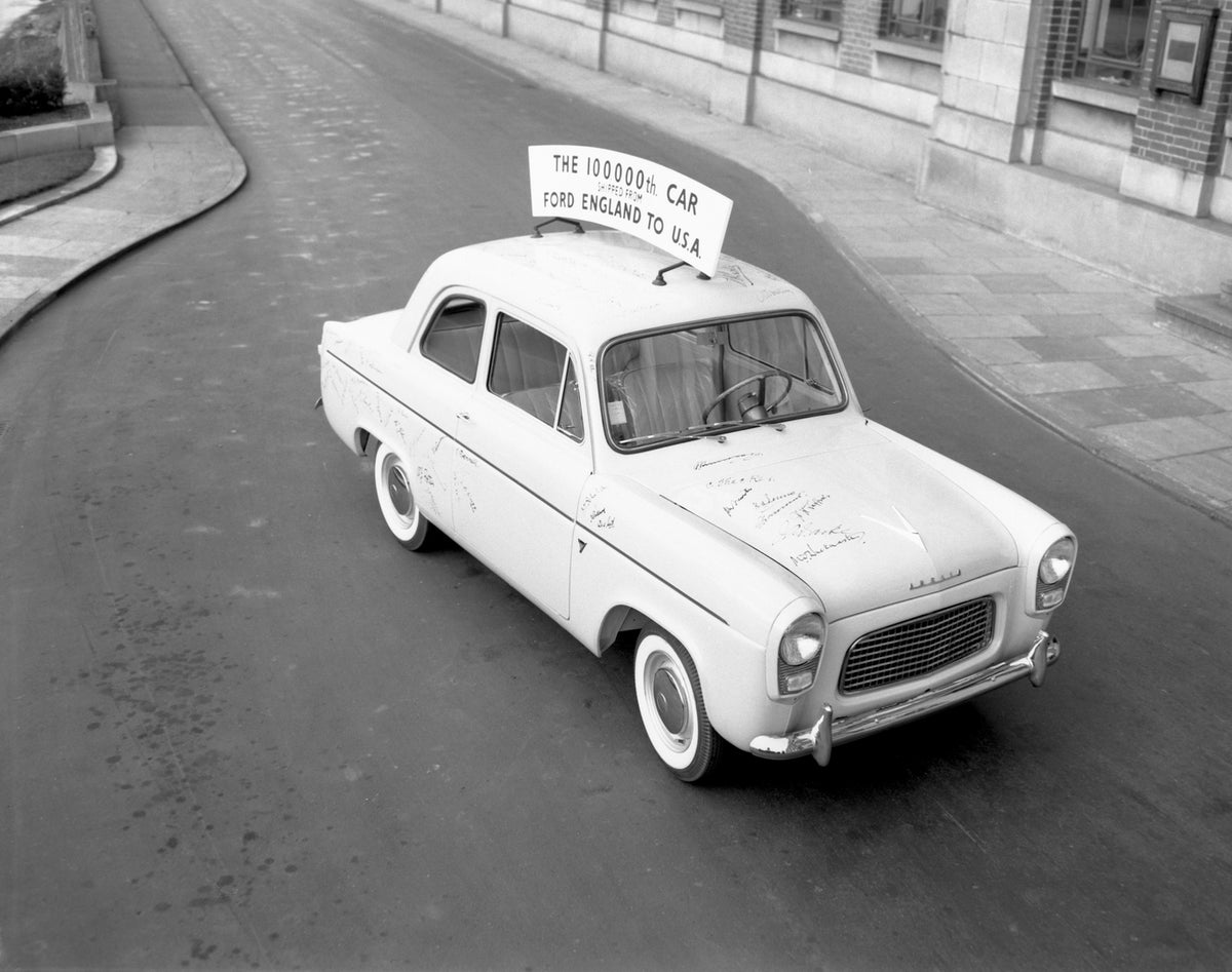 This archival image documents the 1958 One Hundred Thousandth car shipped from Ford England to United States and is preserved in the Ford Heritage Vault as part of Ford Motor Company's historic photographic archive. Free for personal, non-commerci...