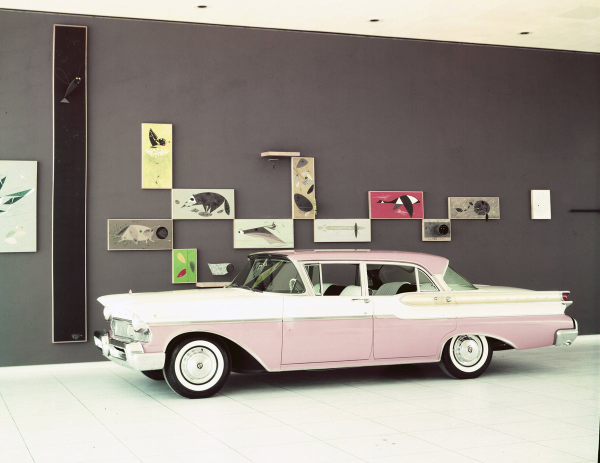 This archival image documents the 1957 Mercury Montclair four-door with Artwork in Background and is preserved in the Ford Heritage Vault as part of Ford Motor Company's historic photographic archive. Free for personal, non-commercial use. Ford He...