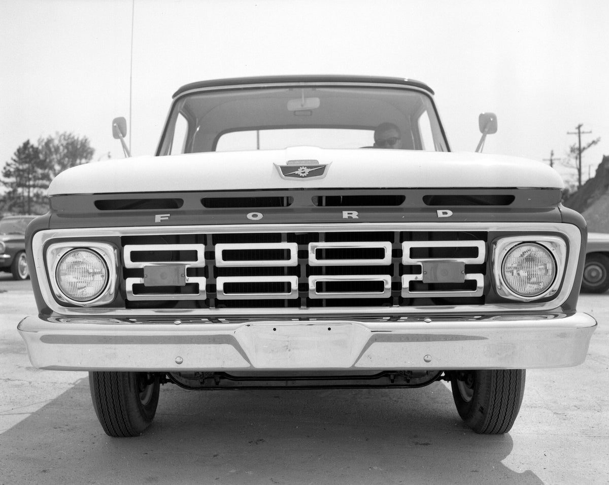 This archival image documents the 1964 Ford F-100 Front end and is preserved in the Ford Heritage Vault as part of Ford Motor Company's historic photographic archive. Free for personal, non-commercial use. Ford Heritage Vault reference AR-2008-8.3...