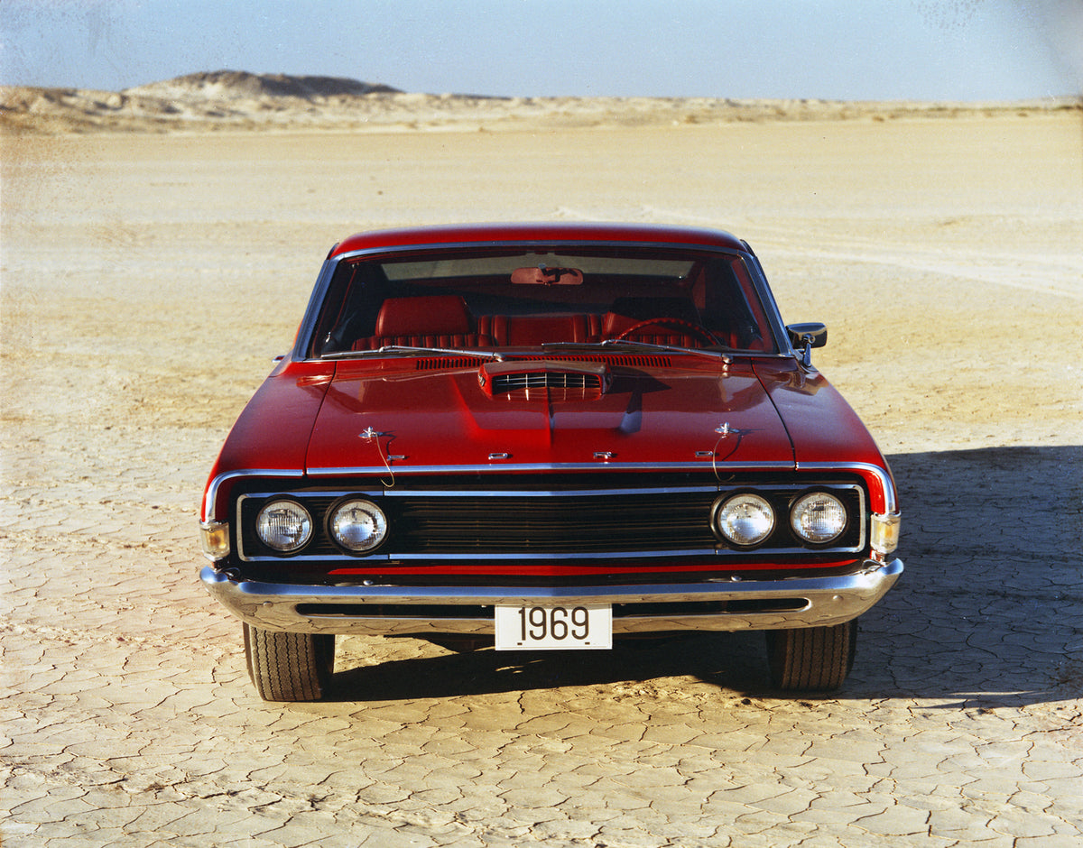 This archival image documents the 1969 Ford Torino Cobra sportsroof front view and is preserved in the Ford Heritage Vault as part of Ford Motor Company's historic photographic archive. Free for personal, non-commercial use. Ford Heritage Vault re...