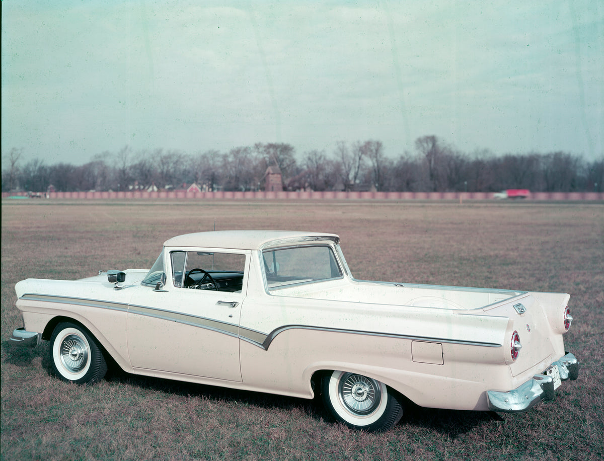 This archival image documents the 1957 Ford Ranchero and is preserved in the Ford Heritage Vault as part of Ford Motor Company's historic photographic archive. Free for personal, non-commercial use. Ford Heritage Vault reference AR-2008-8.1.4.536.