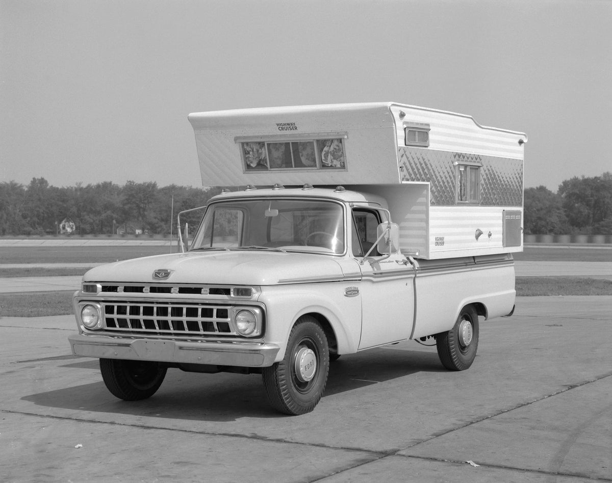 This archival image documents the 1965 Ford F-250 pickup truck with aftermarket camper and is preserved in the Ford Heritage Vault as part of Ford Motor Company's historic photographic archive. Free for personal, non-commercial use. Ford Heritage ...