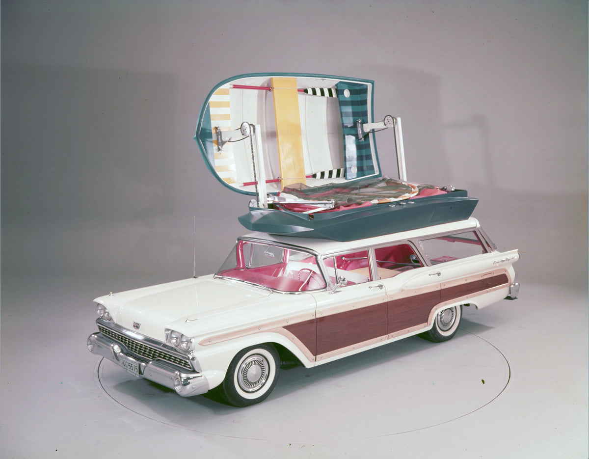 This archival image documents the 1959 Ford Country Squire station wagon with tent and camping gear and is preserved in the Ford Heritage Vault as part of Ford Motor Company's historic photographic archive. Free for personal, non-commercial use. F...