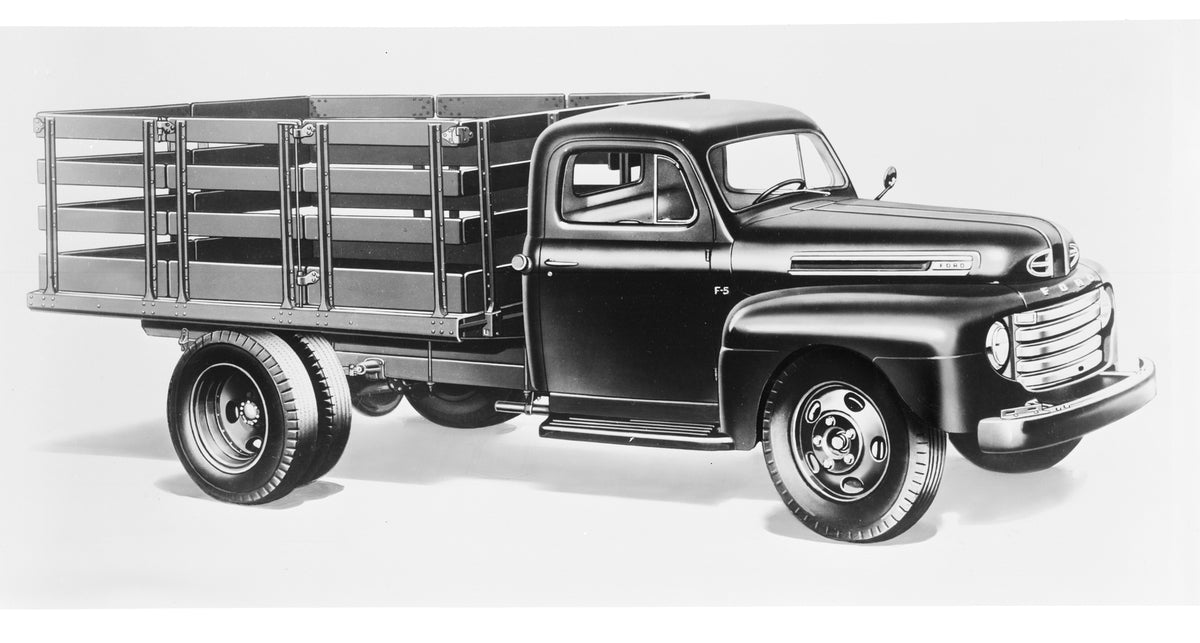 This archival image documents the 1949 Ford F-5 stake truck art work and is preserved in the Ford Heritage Vault as part of Ford Motor Company's historic photographic archive. Free for personal, non-commercial use. Ford Heritage Vault reference AR...