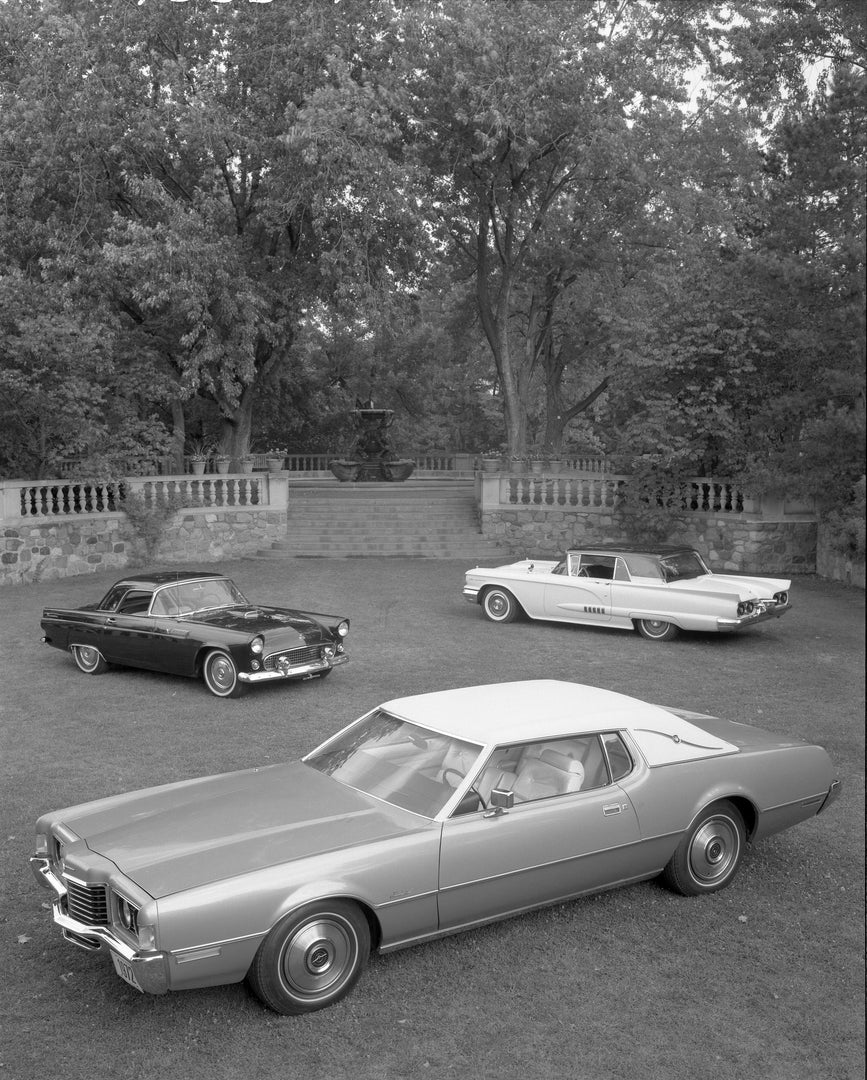 This archival image documents the 1972 Ford Thunderbird, 1960 Thunderbird, and 1955 Thunderbird scenic and is preserved in the Ford Heritage Vault as part of Ford Motor Company's historic photographic archive. Free for personal, non-commercial use...
