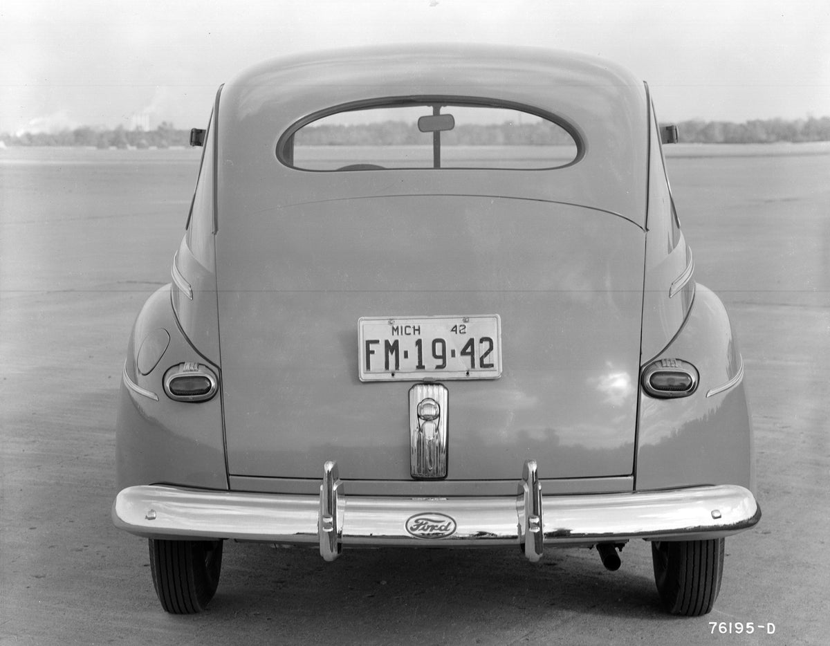 This archival image documents the 1942 Ford Super DeLuxe fordor sedan rear close up and is preserved in the Ford Heritage Vault as part of Ford Motor Company's historic photographic archive. Free for personal, non-commercial use. Ford Heritage Vau...