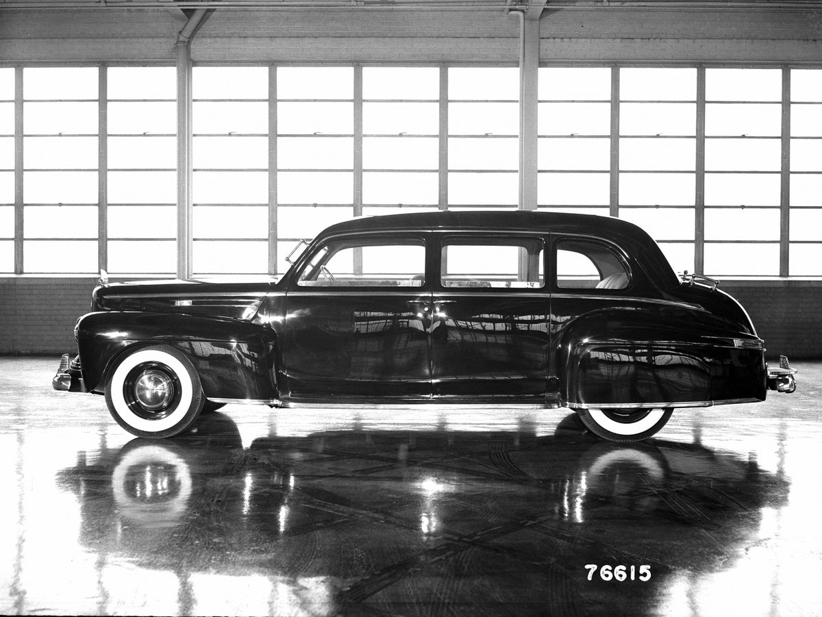 This archival image documents the 1942 Lincoln armored limousine and is preserved in the Ford Heritage Vault as part of Ford Motor Company's historic photographic archive. Free for personal, non-commercial use. Ford Heritage Vault reference AR-200...