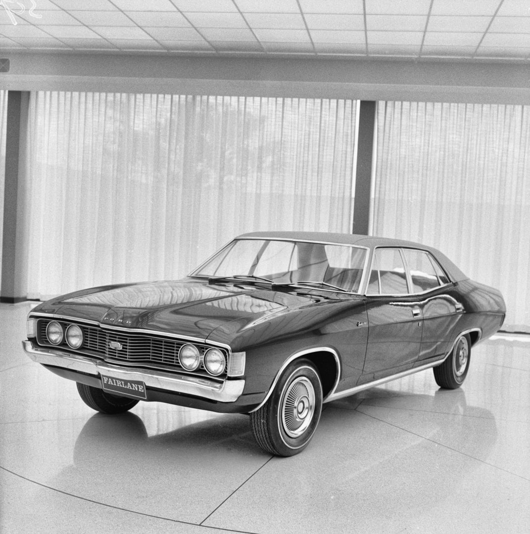 This archival image documents the 1972 Ford ZF Fairlane 500 Sedan Passenger Side Front End View on Showroom Floor FAP-2011-3 and is preserved in the Ford Heritage Vault as part of Ford Motor Company's historic photographic archive. Free for person...