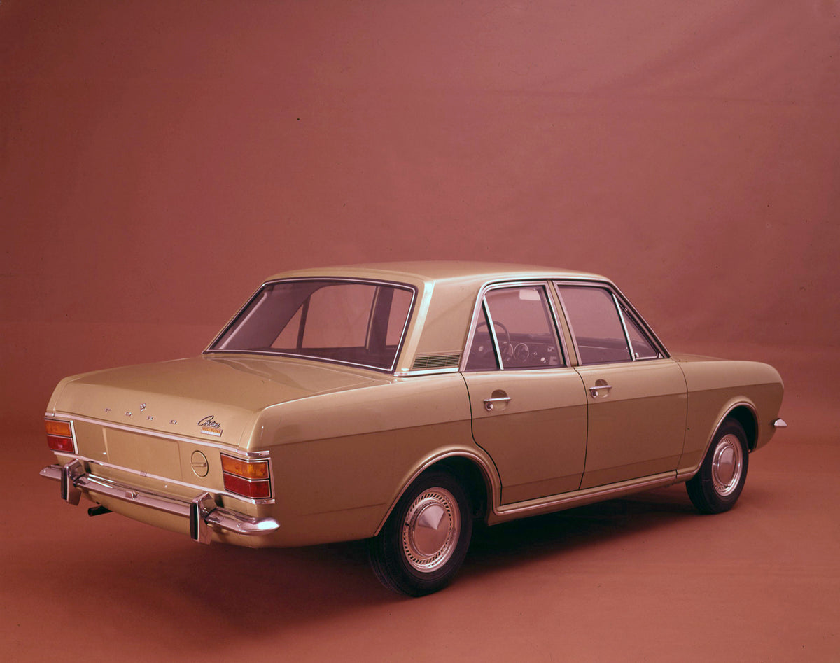 This archival image documents the 1970 Ford Cortina MK II Super 1600 LHD rear view in studio and is preserved in the Ford Heritage Vault as part of Ford Motor Company's historic photographic archive. Free for personal, non-commercial use. Ford Her...