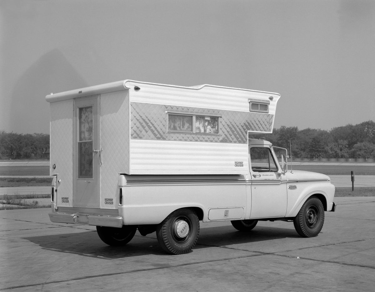 This archival image documents the 1965 Ford F-250 pickup truck with aftermarket camper and is preserved in the Ford Heritage Vault as part of Ford Motor Company's historic photographic archive. Free for personal, non-commercial use. Ford Heritage ...
