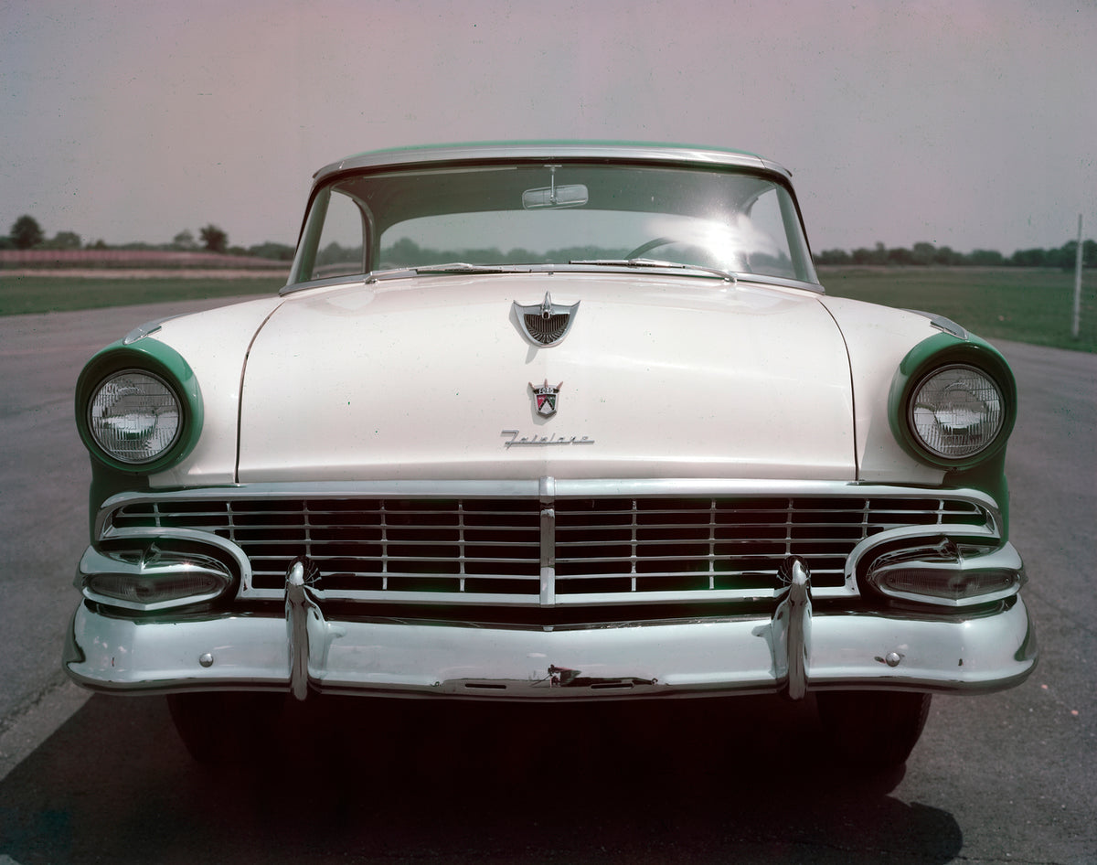 This archival image documents the 1956 Ford Fairlane Victoria two-door hardtop and is preserved in the Ford Heritage Vault as part of Ford Motor Company's historic photographic archive. Free for personal, non-commercial use. Ford Heritage Vault re...