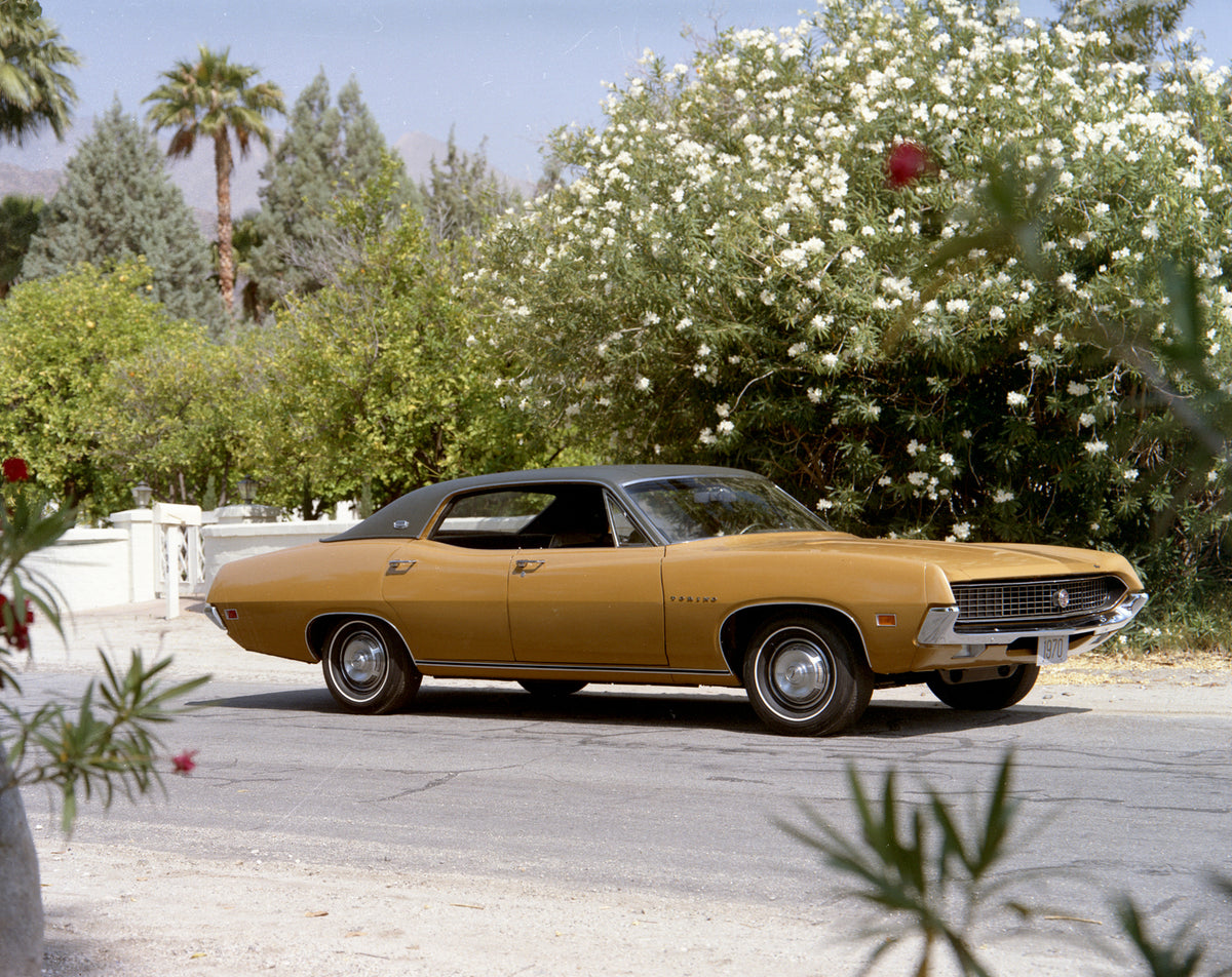 This archival image documents the 1970 Ford Torino Brougham four-door hardtop and is preserved in the Ford Heritage Vault as part of Ford Motor Company's historic photographic archive. Free for personal, non-commercial use. Ford Heritage Vault ref...