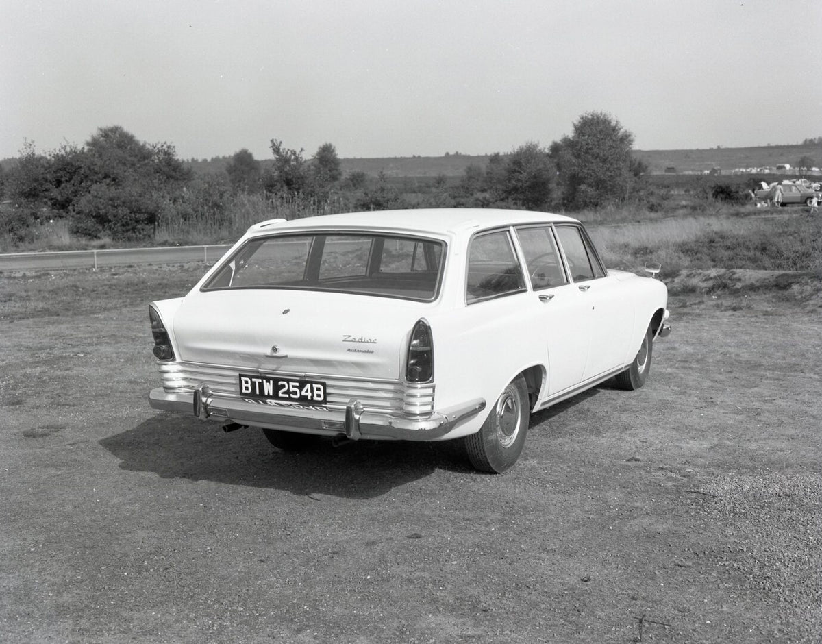This archival image documents the 1964 Ford Zodiac Mark II Estate Car rear view in scenic field with trees and is preserved in the Ford Heritage Vault as part of Ford Motor Company's historic photographic archive. Free for personal, non-commercial...