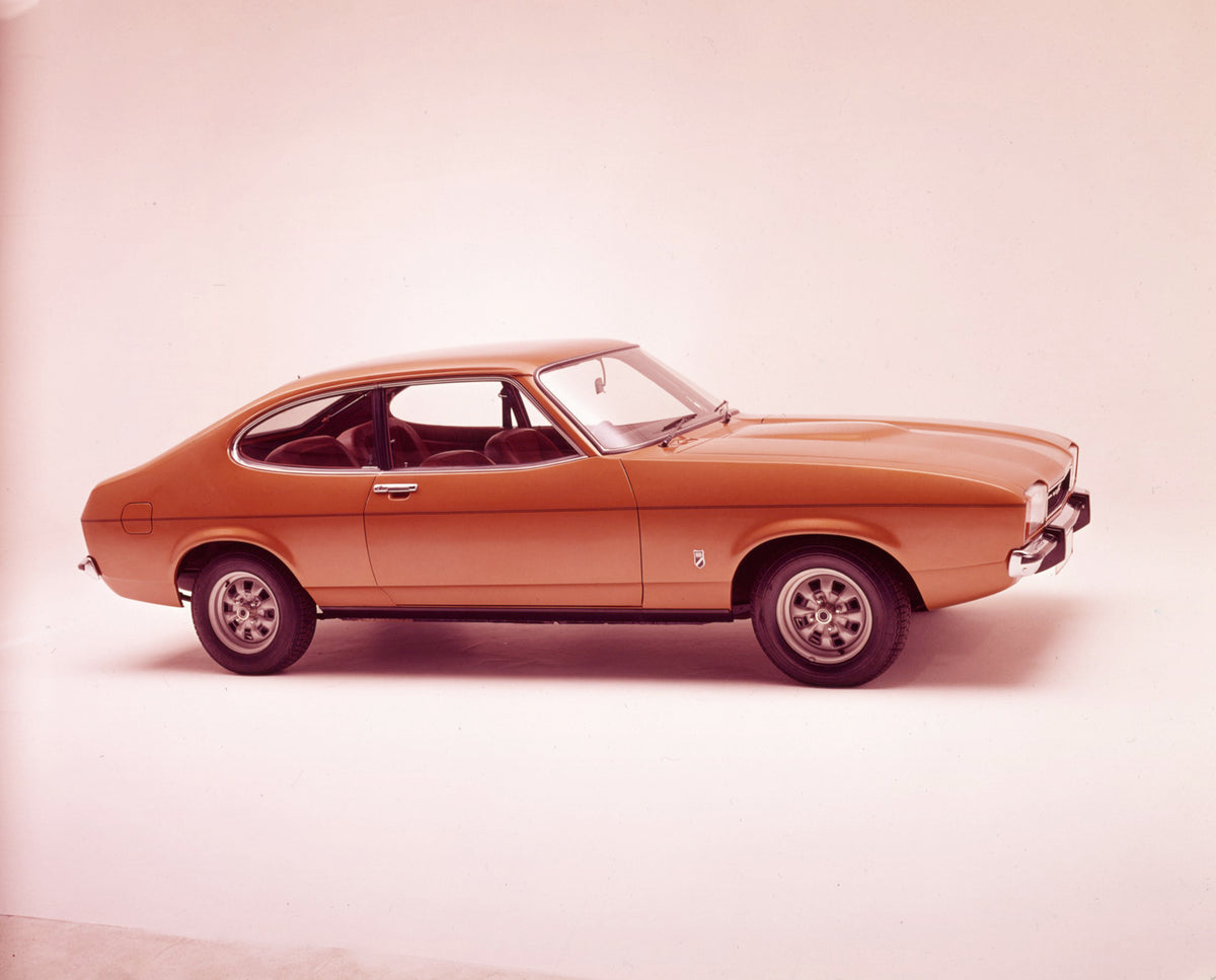 This archival image documents the 1974 Ford Capri II GT Automatic side view in studio and is preserved in the Ford Heritage Vault as part of Ford Motor Company's historic photographic archive. Free for personal, non-commercial use. Ford Heritage V...