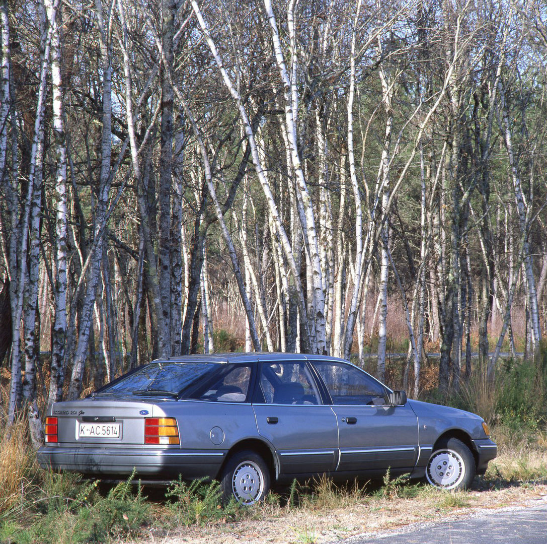 This archival image documents the 1985 Ford Scorpio Mark I rear view with scenic trees in Bordeaux and is preserved in the Ford Heritage Vault as part of Ford Motor Company's historic photographic archive. Free for personal, non-commercial use. Fo...