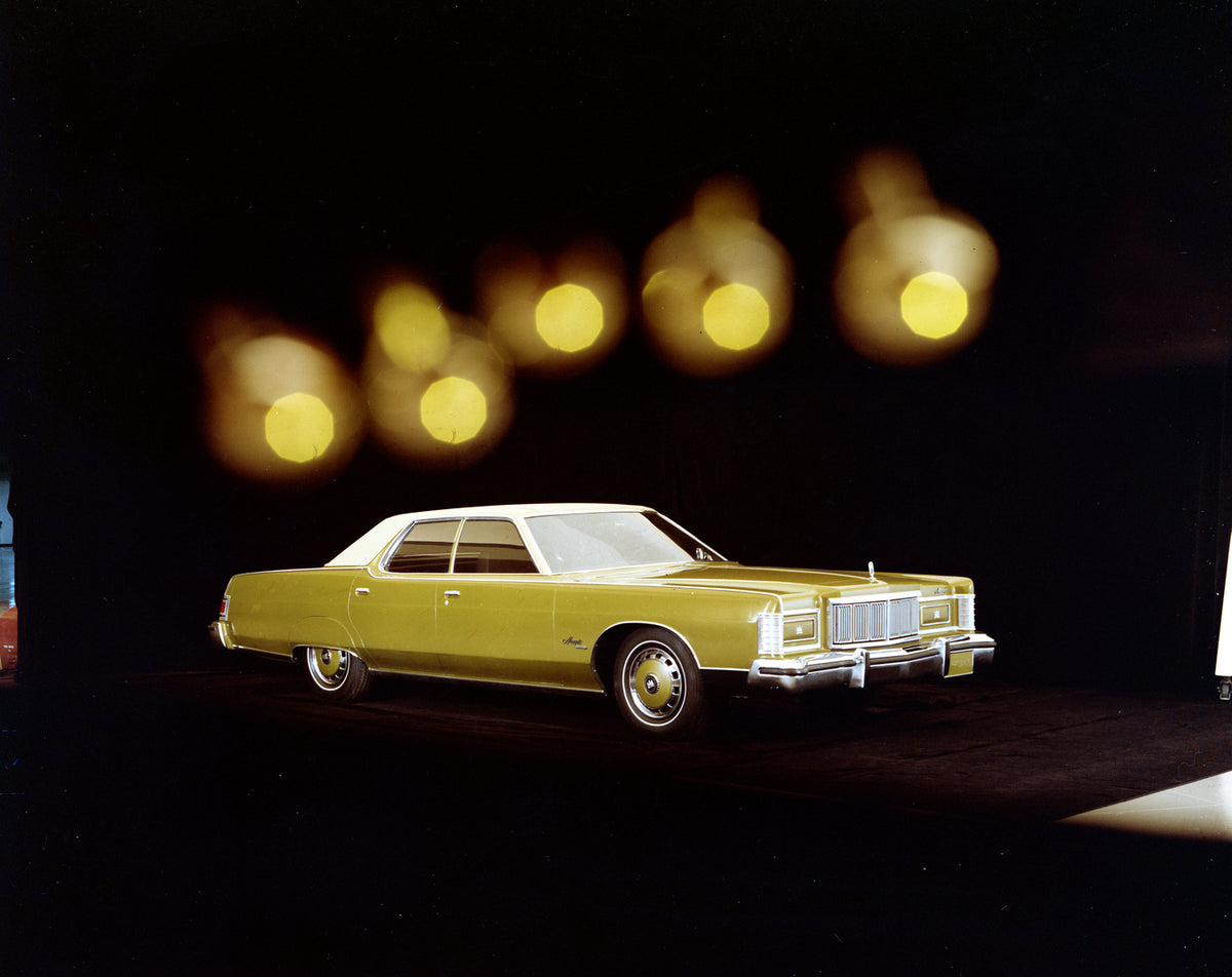 This archival image documents the 1975 Mercury Marquis four-door in studio with background lighting effect and is preserved in the Ford Heritage Vault as part of Ford Motor Company's historic photographic archive. Free for personal, non-commercial...