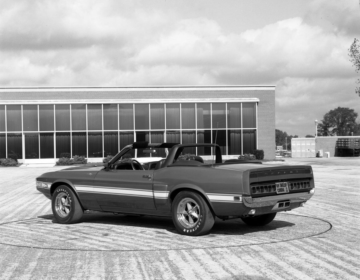 This archival image documents the 1969 Ford Mustang Shelby GT 500 convertible 150013-43 and is preserved in the Ford Heritage Vault as part of Ford Motor Company's historic photographic archive. Free for personal, non-commercial use. Ford Heritage...