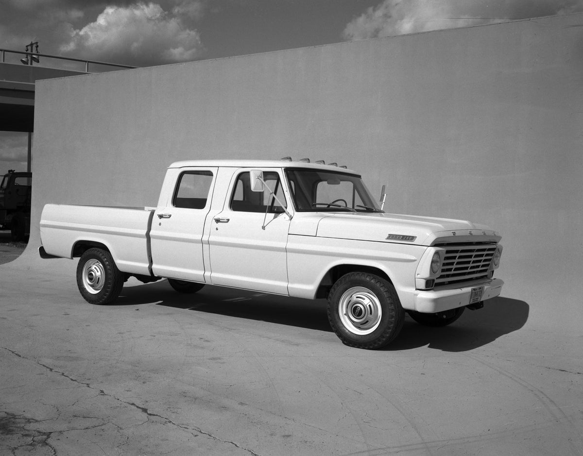 This archival image documents the 1967 Ford F-250 Extended Cab pickup truck and is preserved in the Ford Heritage Vault as part of Ford Motor Company's historic photographic archive. Free for personal, non-commercial use. Ford Heritage Vault refer...