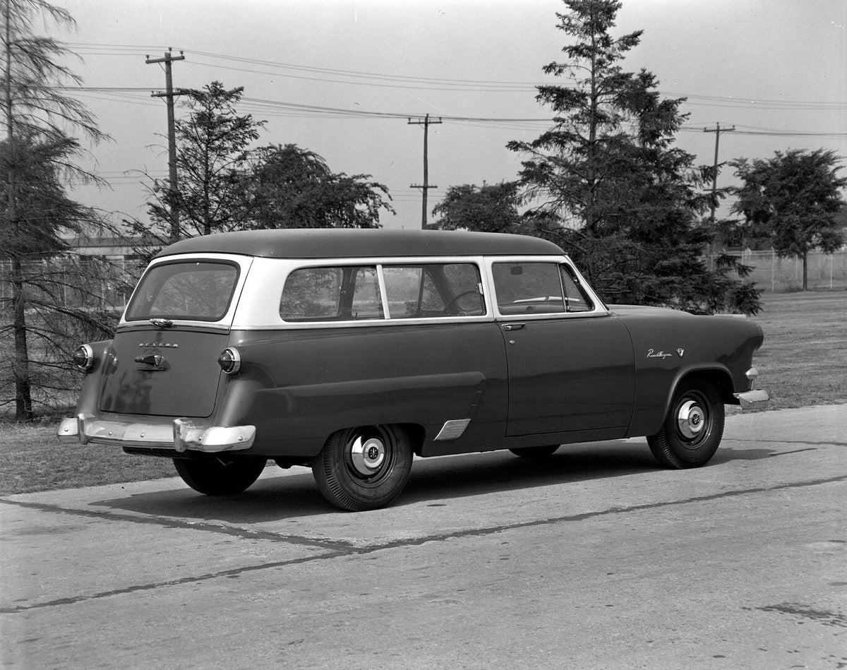 This archival image documents the 1953 Meteor Ranch Wagon rear view on scenic road AR-2007-5 and is preserved in the Ford Heritage Vault as part of Ford Motor Company's historic photographic archive. Free for personal, non-commercial use. Ford Her...