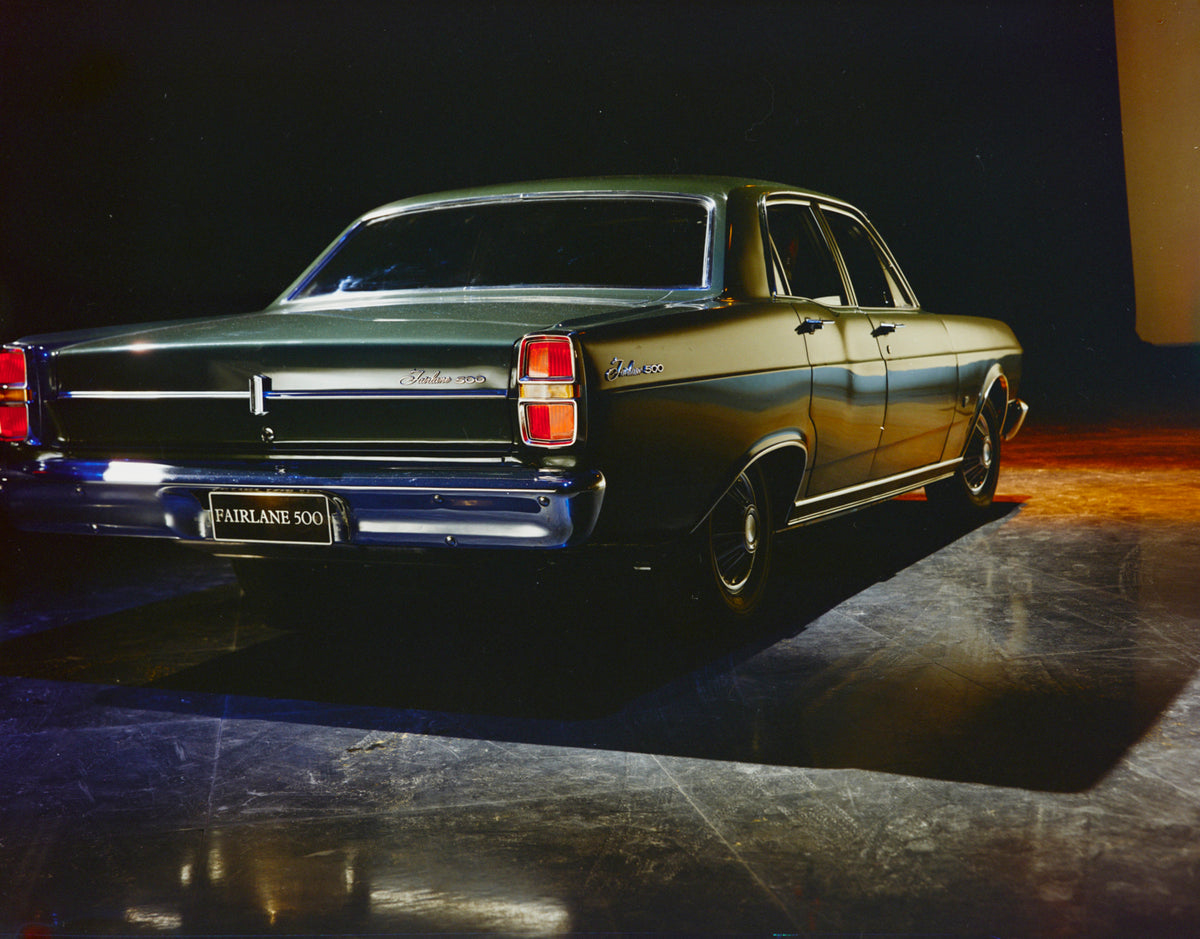 This archival image documents the 1968 Ford ZB Fairlane 500 Sedan Rear End View in Studio FAP-2011-3 and is preserved in the Ford Heritage Vault as part of Ford Motor Company's historic photographic archive. Free for personal, non-commercial use. ...