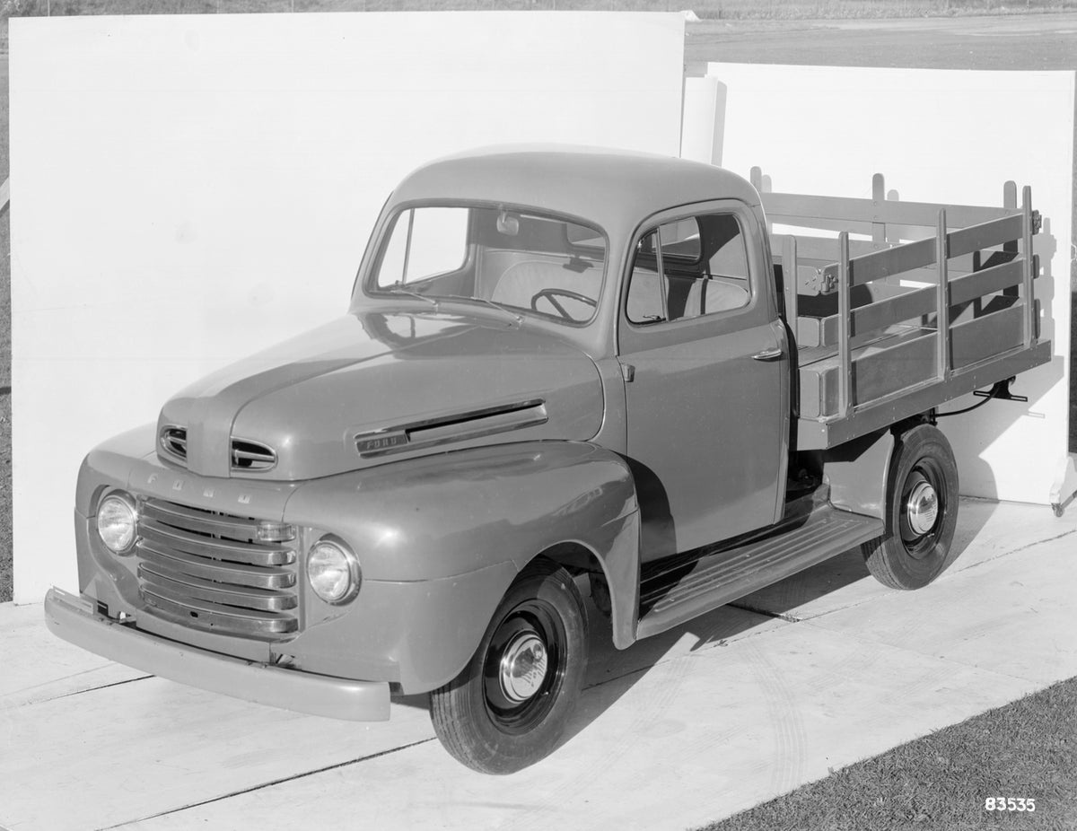 This archival image documents the 1948 Ford stake truck and is preserved in the Ford Heritage Vault as part of Ford Motor Company's historic photographic archive. Free for personal, non-commercial use. Ford Heritage Vault reference AR-2008-8.1.4.1...