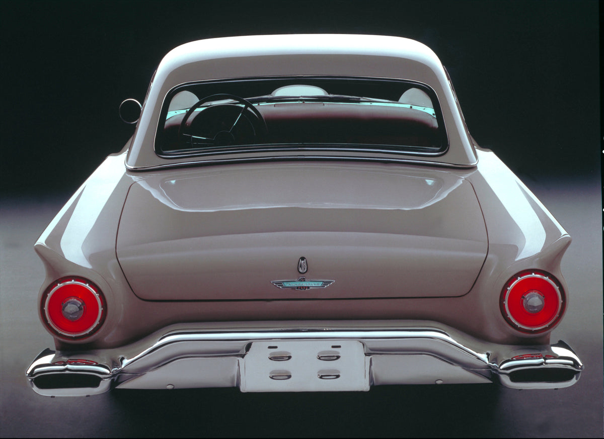 This archival image documents the 1957 Ford Thunderbird rear view in studio and is preserved in the Ford Heritage Vault as part of Ford Motor Company's historic photographic archive. Free for personal, non-commercial use. Ford Heritage Vault refer...