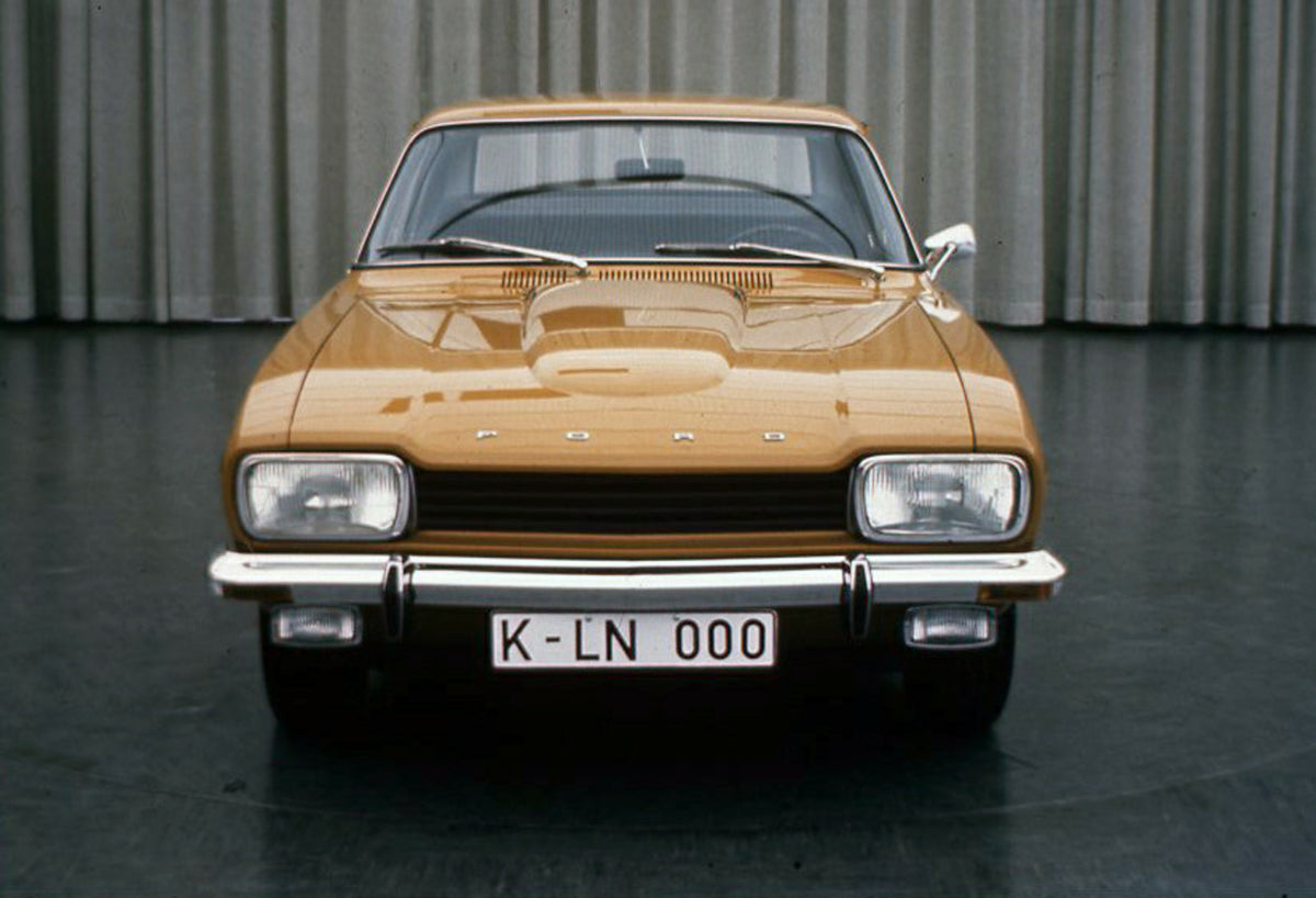 This archival image documents the 1971 Ford Capri Mark I front view in studio and is preserved in the Ford Heritage Vault as part of Ford Motor Company's historic photographic archive. Free for personal, non-commercial use. Ford Heritage Vault ref...