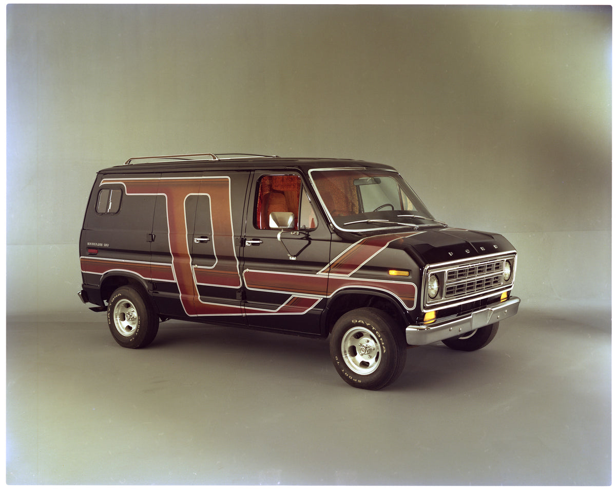 This archival image documents the 1977 Ford E-150 Econoline van with custom paint work in studio and is preserved in the Ford Heritage Vault as part of Ford Motor Company's historic photographic archive. Free for personal, non-commercial use. Ford...