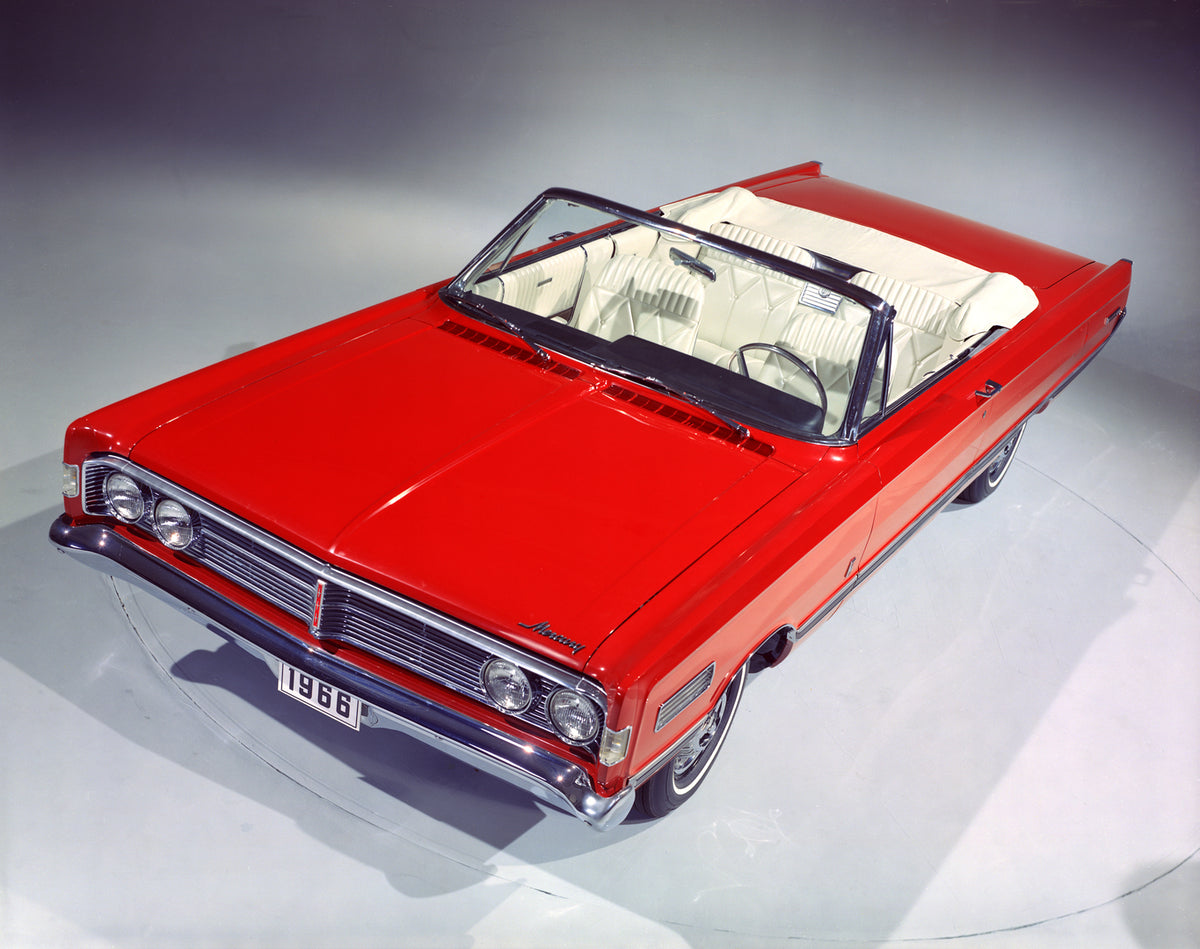 This archival image documents the 1966 Mercury Park Lane convertible Overhead View with Top Down and is preserved in the Ford Heritage Vault as part of Ford Motor Company's historic photographic archive. Free for personal, non-commercial use. Ford...