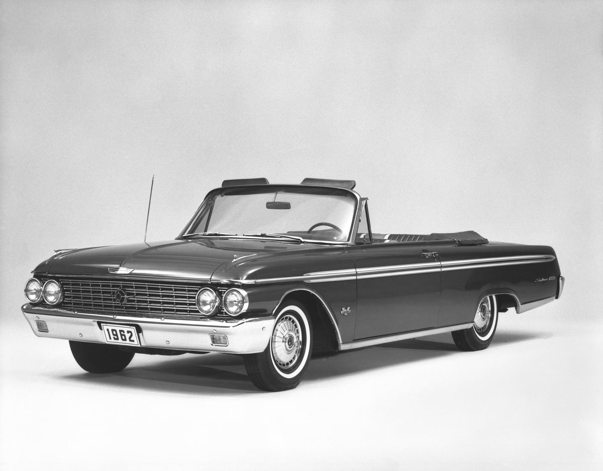 This archival image documents the 1962 Ford Galaxie 500 Sunliner convertible and is preserved in the Ford Heritage Vault as part of Ford Motor Company's historic photographic archive. Free for personal, non-commercial use. Ford Heritage Vault refe...
