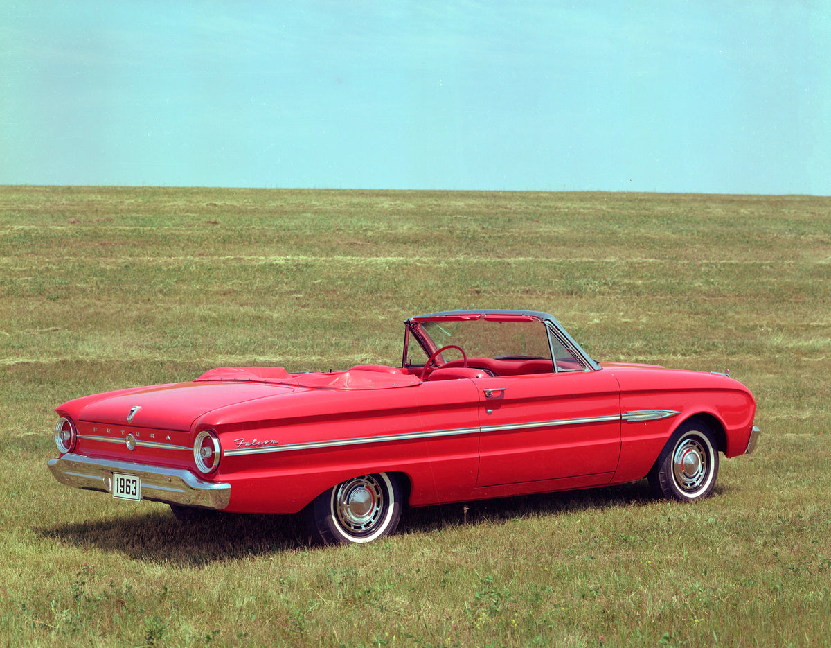 This archival image documents the 1963 Ford Falcon Futura convertible and is preserved in the Ford Heritage Vault as part of Ford Motor Company's historic photographic archive. Free for personal, non-commercial use. Ford Heritage Vault reference A...