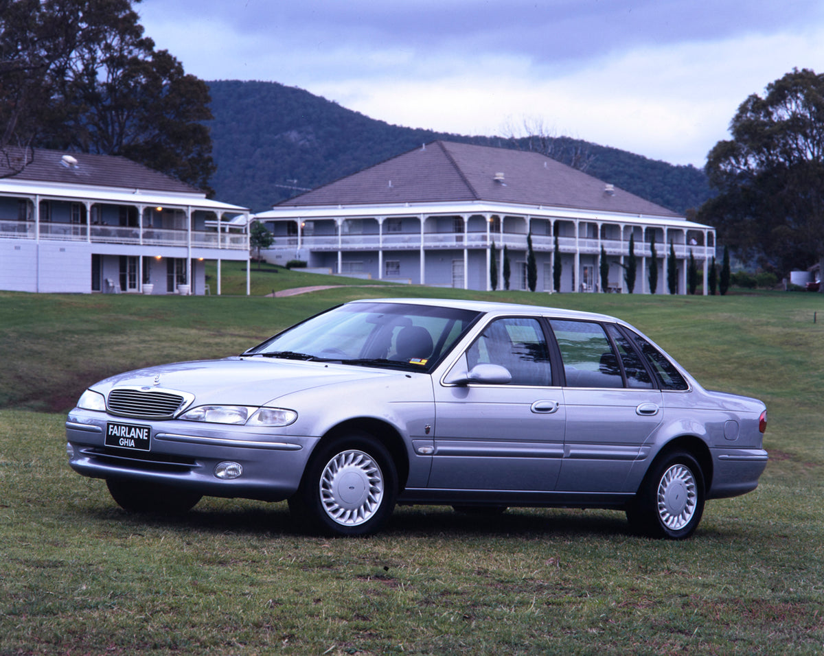 This archival image documents the 1995 Ford NF Fairlane Ghia Sedan Passenger Side Front End View on Grassy Lawn FAP-2011-3 and is preserved in the Ford Heritage Vault as part of Ford Motor Company's historic photographic archive. Free for personal...