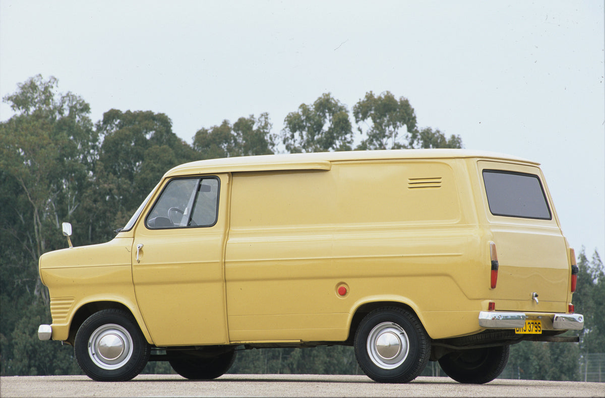 This archival image documents the 1965 Ford Transit Mark I rear view with scenic trees and is preserved in the Ford Heritage Vault as part of Ford Motor Company's historic photographic archive. Free for personal, non-commercial use. Ford Heritage ...
