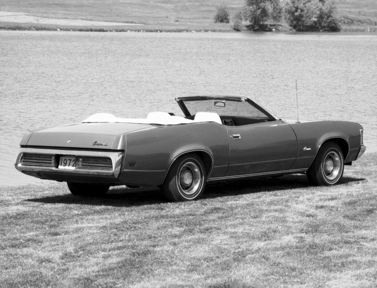 This archival image documents the 1972 Mercury Cougar convertible front angle in front of water 152639-106 and is preserved in the Ford Heritage Vault as part of Ford Motor Company's historic photographic archive. Free for personal, non-commercial...