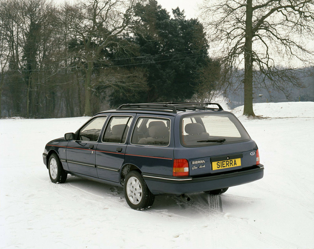This archival image documents the 1986 Ford Sierra Ghia 4x4 Estate rear view in snow at Brands Hatch and is preserved in the Ford Heritage Vault as part of Ford Motor Company's historic photographic archive. Free for personal, non-commercial use. ...