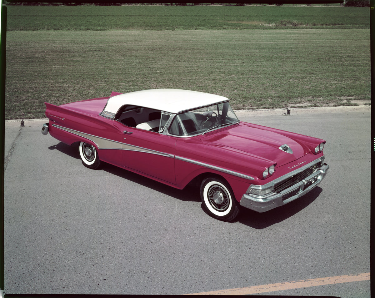 This archival image documents the 1958 Ford Fairlane 500 Skyliner and is preserved in the Ford Heritage Vault as part of Ford Motor Company's historic photographic archive. Free for personal, non-commercial use. Ford Heritage Vault reference AR-20...