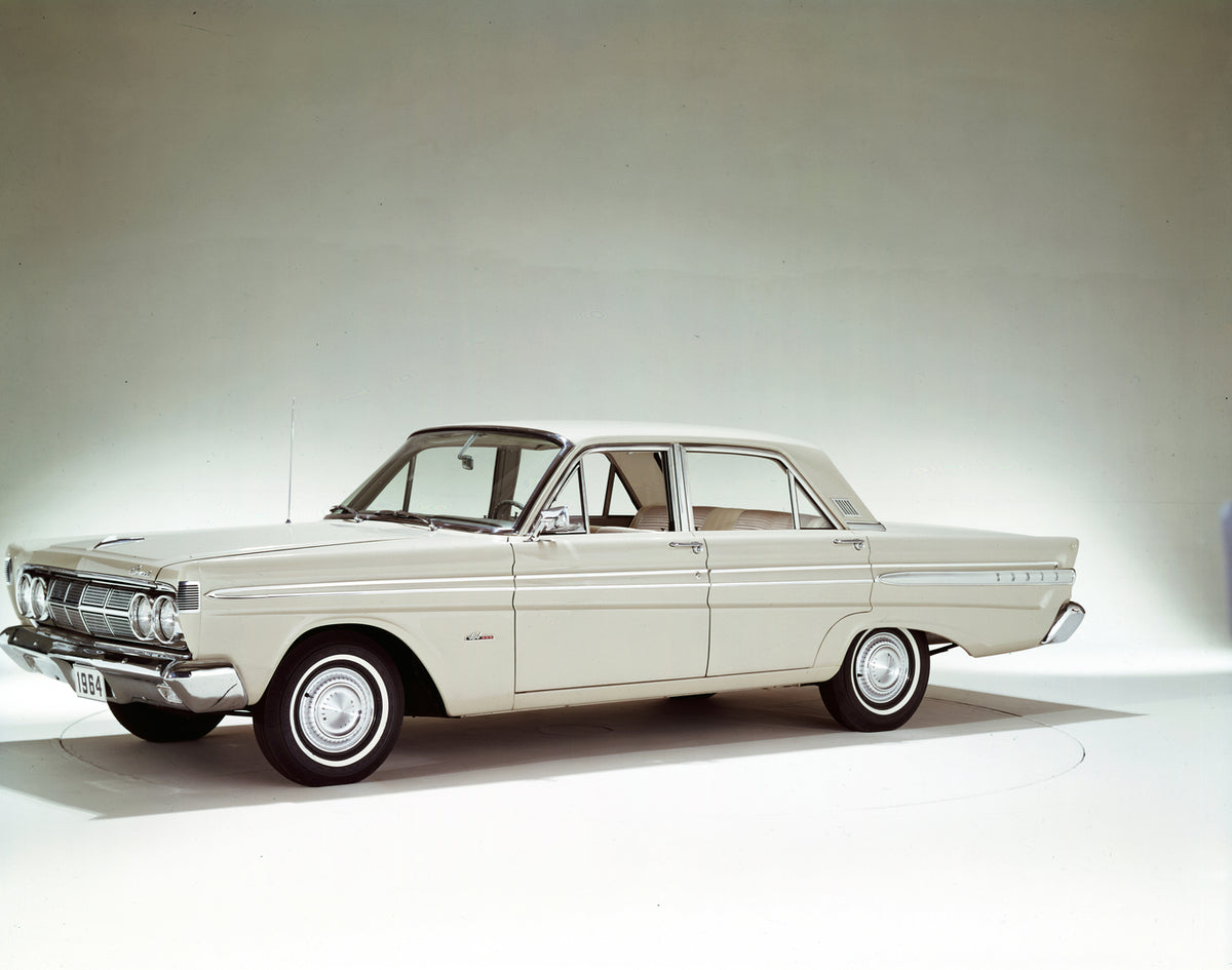 This archival image documents the 1964 Mercury Comet 404 four-door sedan Side View and is preserved in the Ford Heritage Vault as part of Ford Motor Company's historic photographic archive. Free for personal, non-commercial use. Ford Heritage Vaul...