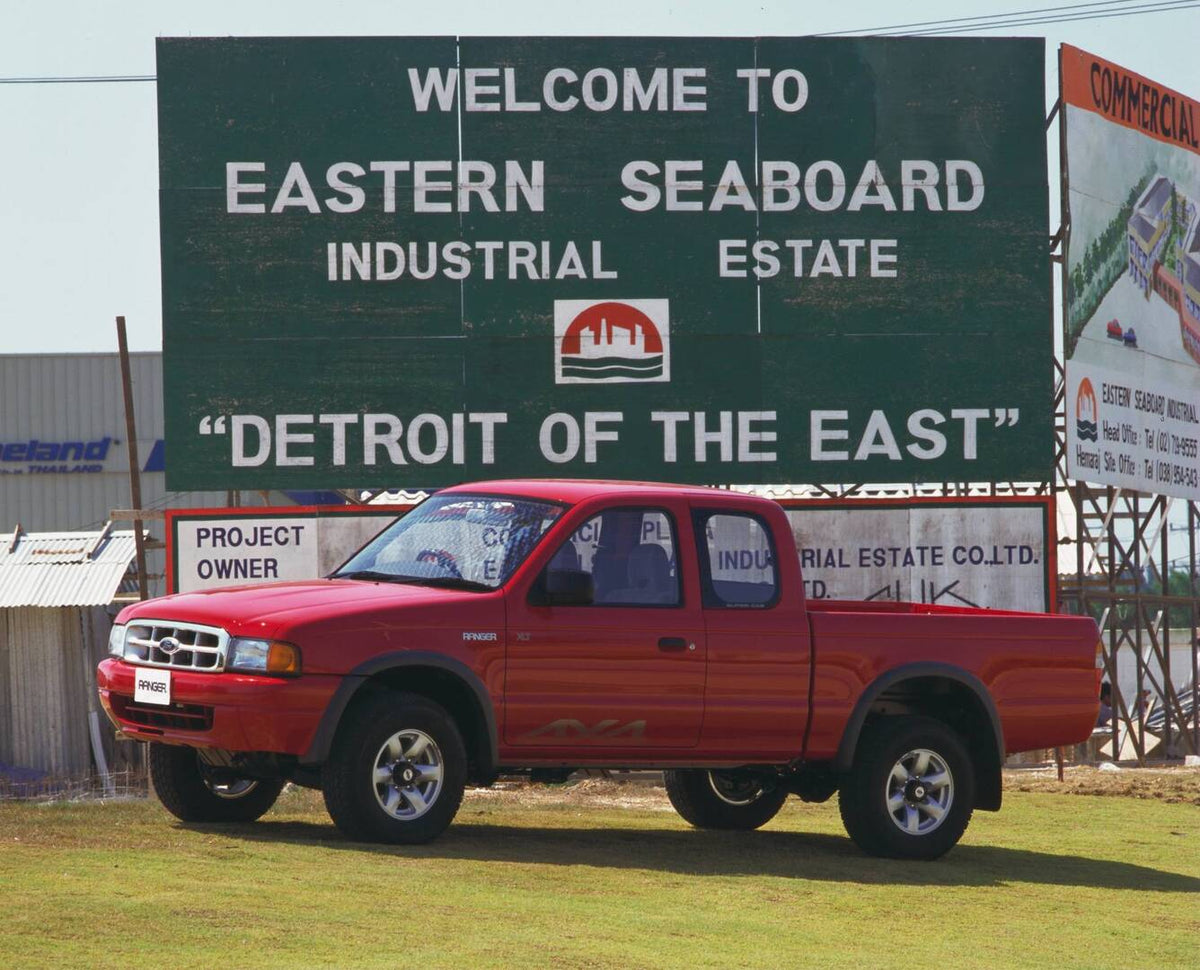 This archival image documents the 1998 Ford Thai Ranger in front of "Detroit of the East" sign AR-2002-213709 and is preserved in the Ford Heritage Vault as part of Ford Motor Company's historic photographic archive. Free for personal, non-commerc...