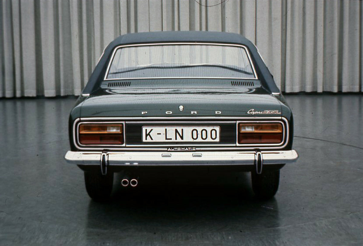 This archival image documents the 1971 Ford Capri Mark I rear view in studio and is preserved in the Ford Heritage Vault as part of Ford Motor Company's historic photographic archive. Free for personal, non-commercial use. Ford Heritage Vault refe...
